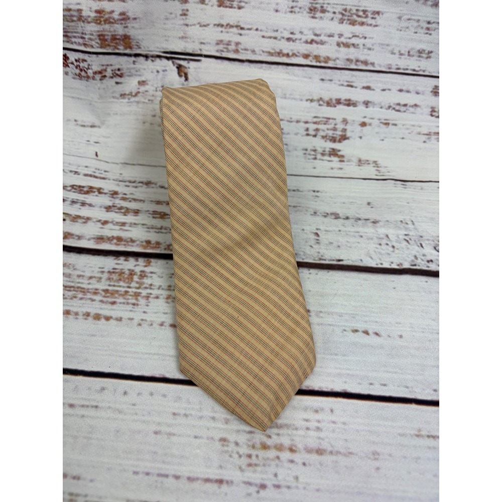 VTG Calvin Klein Mens Tie Tan Red Green Striped Silk Cotton Blend Italian Fabric